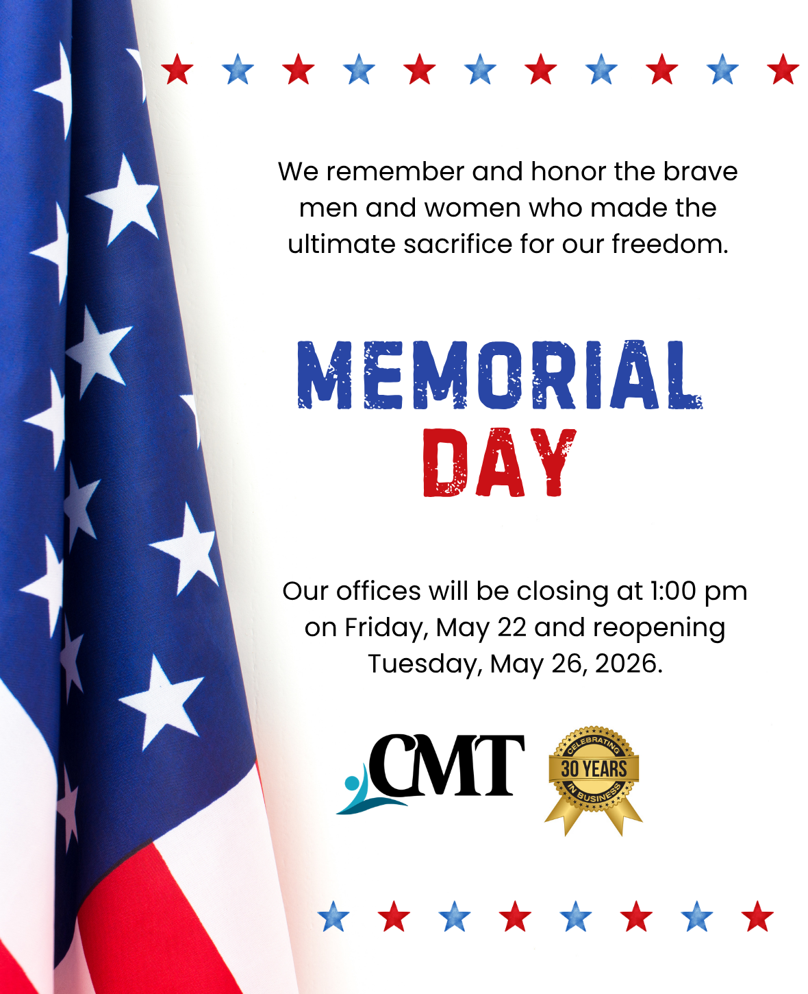Our offices will be closing at 1:00 pm on Friday, May 22 and reopening Tuesday, May 26, 2026.